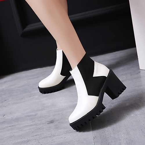 

Women's Boots Chunky Heel Round Toe Booties Ankle Boots PU Color Block White