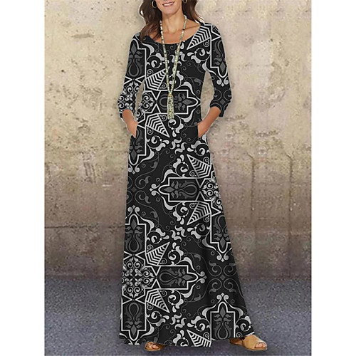 

Women's Shift Dress Maxi long Dress Black 3/4 Length Sleeve Floral Geometric Print Spring Summer Round Neck Casual Holiday 2021 S M L XL XXL 3XL