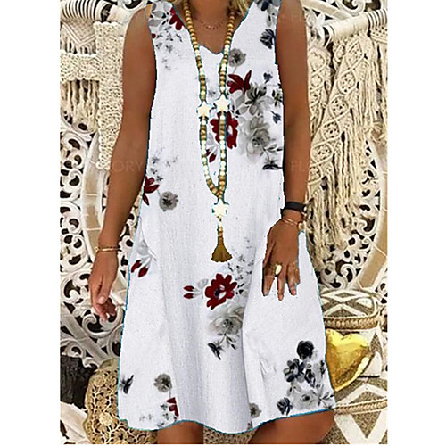 

Women's A Line Dress Knee Length Dress White Sleeveless Floral Print Spring Summer Casual 2021 S M L XL XXL XXXL