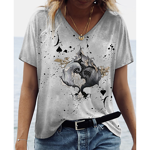 

Women's Abstract Painting T shirt Graphic Tie Dye Print V Neck Basic Tops Gray