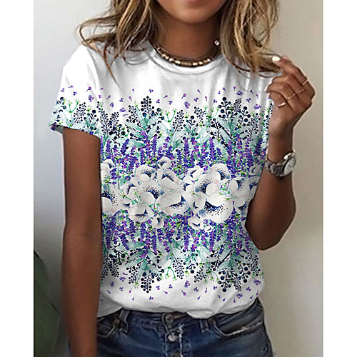 

Women's Floral Theme Painting T shirt Floral Graphic Print Round Neck Basic Tops White