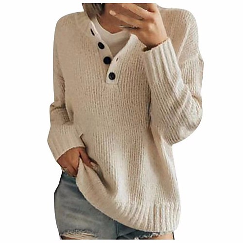 

Women's Elegant Button Solid Color Pullover Sweater Long Sleeve Sweater Cardigans Y Neck Fall Winter Summer Blue Gray Red / Holiday