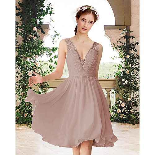 

A-Line V Neck Knee Length Chiffon / Lace Bridesmaid Dress with Pleats