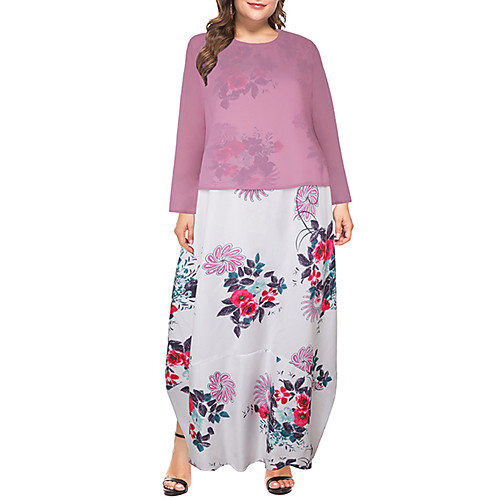 

Women's Shift Dress Maxi long Dress Blue Purple Yellow 3/4 Length Sleeve Print Print Fall Spring Round Neck Elegant 2021 XL XXL 3XL 4XL