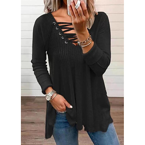 

Women's Blouse Shirt Plain Long Sleeve Drawstring Flowing tunic V Neck Basic Streetwear Tops Black