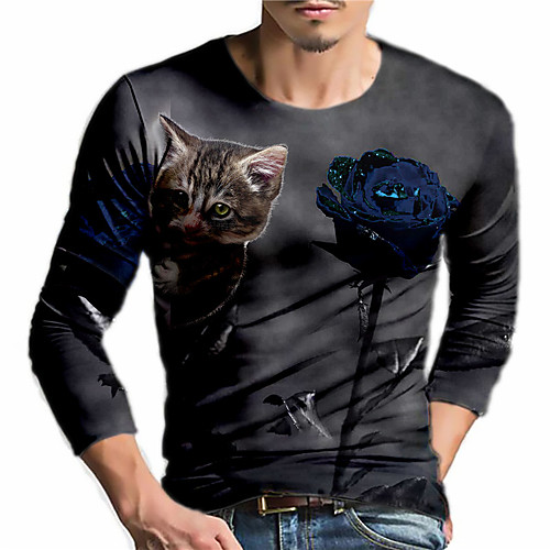 

Men's Unisex Tee T shirt Shirt 3D Print Cat Graphic Prints Print Long Sleeve Daily Tops Casual Designer Big and Tall Black