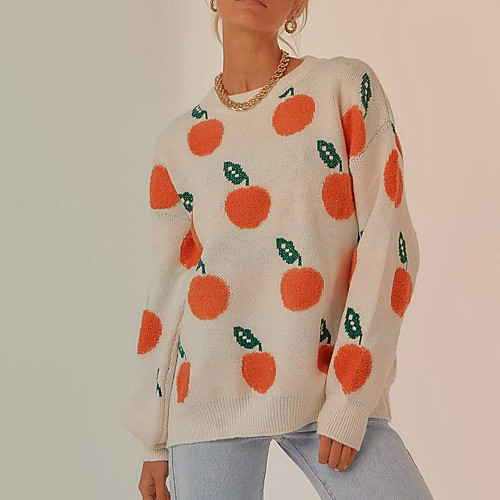 

Women's Stylish Knitted Fruit Pullover Sweater Long Sleeve Sweater Cardigans Crew Neck Fall Winter White Navy Blue