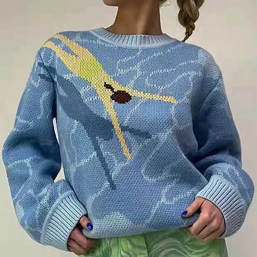 

Women's Stylish Abstract Sweater Long Sleeve Sweater Cardigans Crew Neck Fall Spring Blue