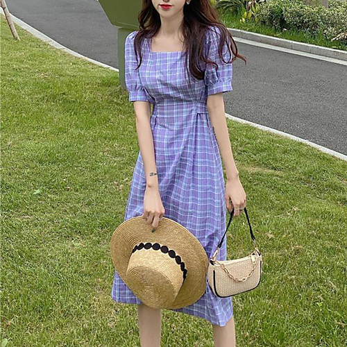 

Women's A Line Dress Midi Dress Blue Orange Short Sleeve Plaid Print Summer Square Neck Elegant Casual Sexy Party Holiday Beach Puff Sleeve 2021 S M L XL XXL