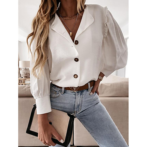 

Women's Blouse Shirt Plain Long Sleeve Lettuce Trim Button Shirt Collar Basic Streetwear Tops Blushing Pink Khaki White