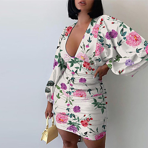 

Women's A Line Dress Short Mini Dress Purple Yellow Green Orange White Red Brown Light Green Light Blue Long Sleeve Floral Tie Dye Print Fall V Neck Casual Batwing Sleeve 2021 S M L XL XXL