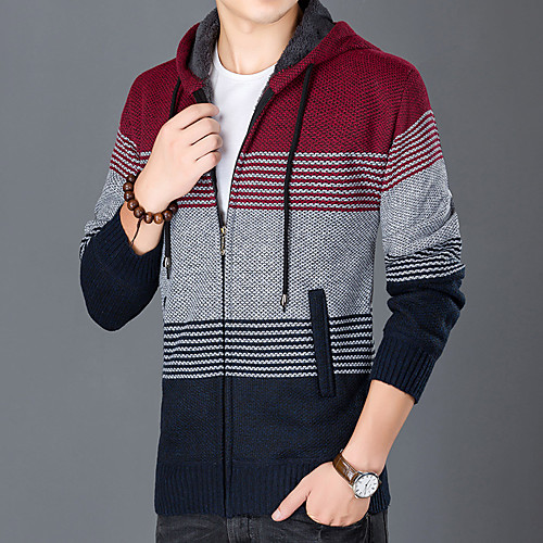 

Men's Unisex Stylish Vintage Style Zipper Front Stripe Pocket Knitted Color Block Cardigan Sweater Long Sleeve Sweater Cardigans Hooded Winter Wine Light gray Dark Gray