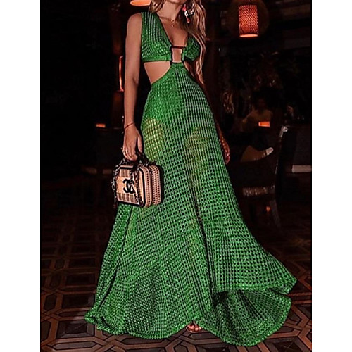 

Women's Swing Dress Maxi long Dress Green Sleeveless Solid Color Zipper Hollow To Waist Summer V Neck Sexy Party Holiday Beach 2021 S M L XL XXL 3XL