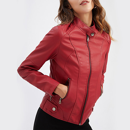 

Women's Faux Leather Jacket Daily Fall & Winter Regular Coat Stand Collar Regular Fit Basic Jacket Long Sleeve Solid Colored Purple Camel