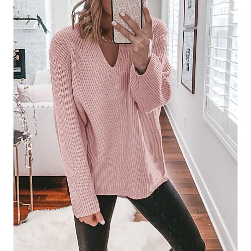 

Women's Casual Solid Color Pullover Sweater Long Sleeve Sweater Cardigans V Neck Fall Spring claret Blushing Pink Black