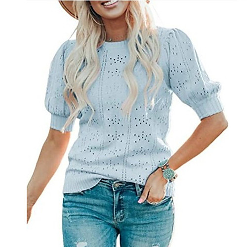

Women's Casual Pure Color Solid Color Pullover Sweater Long Sleeve Sweater Cardigans Round Neck Fall Spring Blue Purple Blushing Pink