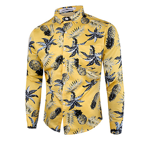 

Men's Shirt Other Prints Color Block Pineapple Long Sleeve Daily Tops Cotton Basic Yellow Royal Blue White