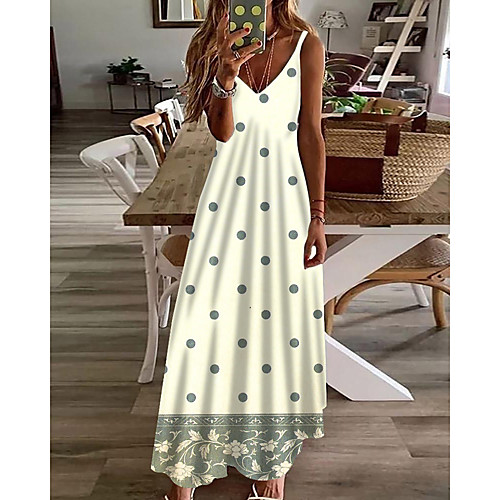 

Women's A Line Dress Maxi long Dress Beige Sleeveless Polka Dot Print Print Spring Summer V Neck Casual Holiday 2021 S M L XL XXL 3XL