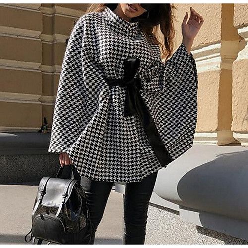 

Women's Cloak / Capes Going out Fall Winter Regular Coat Stand Collar Regular Fit Windproof Elegant Jacket Long Sleeve Houndstooth Bow White / Spring