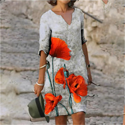

Women's A Line Dress Knee Length Dress Blue Yellow Red 3/4 Length Sleeve Floral Print Summer V Neck Casual 2021 S M L XL XXL 3XL 4XL 5XL