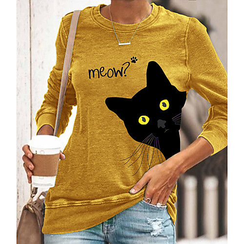 

Women's Cat Painting T shirt Cat Text Animal Long Sleeve Print Round Neck Basic Tops Cotton Blue Yellow Gray
