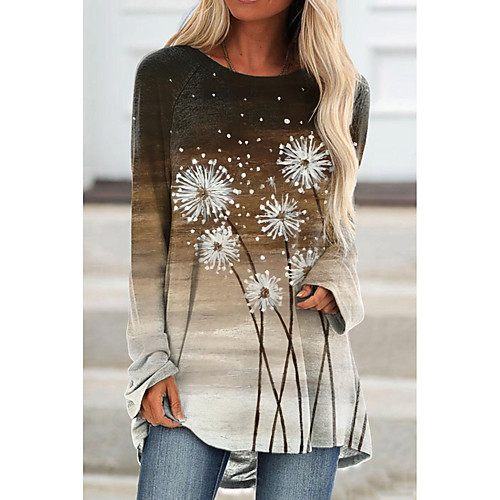 

Women's Floral Theme Painting T shirt Color Gradient Dandelion Long Sleeve Print Round Neck Basic Tops Blue Purple Green