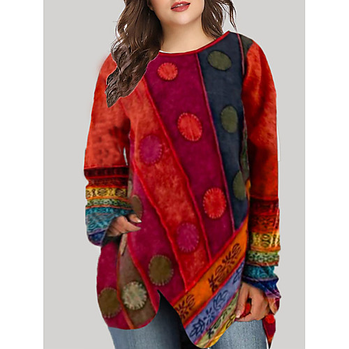 

Women's Plus Size Tops T shirt Multi Color Graphic Print Long Sleeve Round Neck Ethnic Casual Spring Summer Purple Grey khaki Big Size S M L XL 2XL