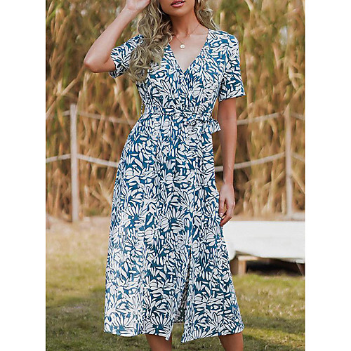 

Women's Loose Midi Dress Blue Short Sleeve Florals Flower Spring Summer V Neck Charm 2021 S M L XL