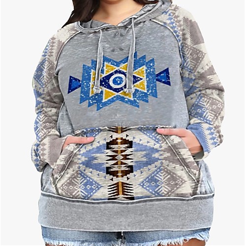 

Women's Plus Size Tops Hoodie Sweatshirt Geometic Pocket Long Sleeve Ethnic Casual Fall Gray Big Size L XL XXL XXXL