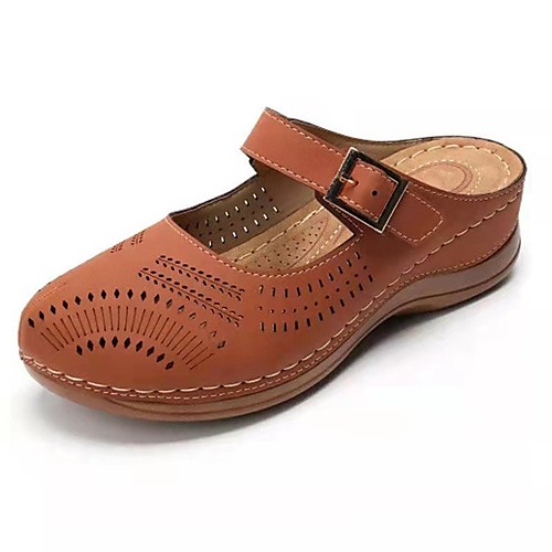 

Women's Clogs & Mules Wedge Heel Round Toe PU Buckle Solid Colored Light Brown Gray Orange