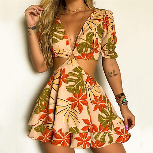 

Women's A Line Dress Short Mini Dress Green Half Sleeve Floral Backless Hollow To Waist Bow Summer V Neck Casual Sexy 2021 S M L XL