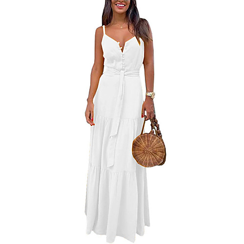 

Women's Swing Dress Maxi long Dress Blue Yellow Green White Red Sleeveless Solid Color Lace up Button Summer V Neck Casual 2021 S M L XL 3XL