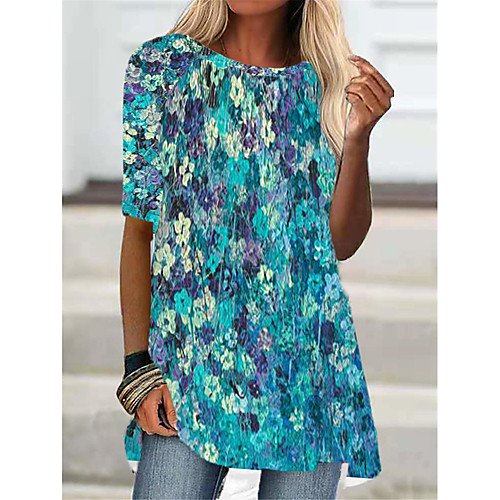 

Women's T Shirt Dress Tee Dress Short Mini Dress Blue Gray Half Sleeve Floral Color Gradient Print Fall Summer Round Neck Casual 2021 S M L XL XXL 3XL