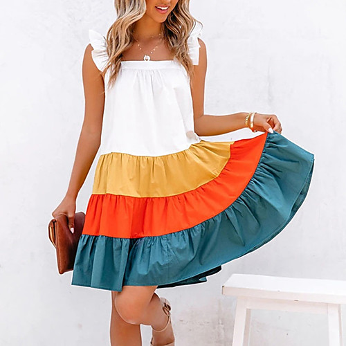 

Women's Strap Dress Short Mini Dress White Sleeveless Color Block Ruffle Summer Square Neck Casual 2021 S M L XL