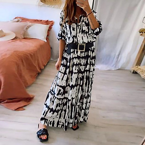 

Women's Swing Dress Maxi long Dress Black Half Sleeve Print Pocket Summer Shirt Collar Elegant Casual 2021 S M L XL XXL