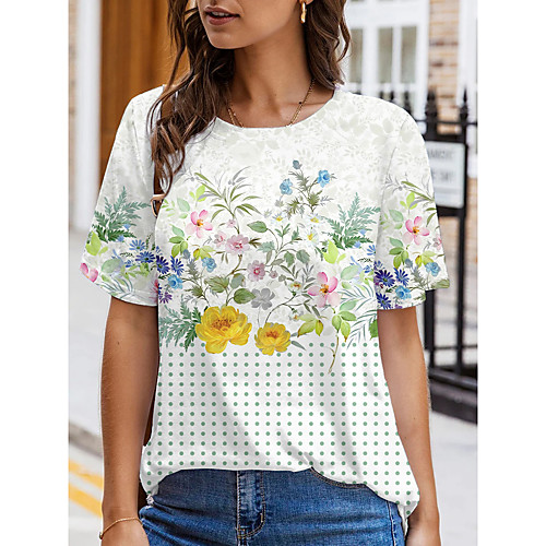 

Women's Floral Theme Painting T shirt Floral Graphic Print Round Neck Basic Tops Green