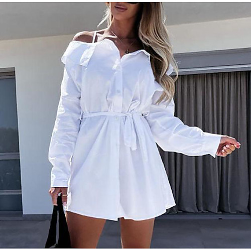 

Women's A Line Dress Short Mini Dress White Black Beige Long Sleeve Solid Color Pure Color Spring Summer Off Shoulder Casual 2021 S M L XL XXL