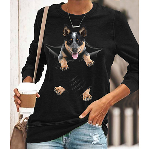 

Women's 3D Printed Painting T shirt Dog 3D Animal Long Sleeve Print Round Neck Basic Tops Cotton Blue Yellow Gray