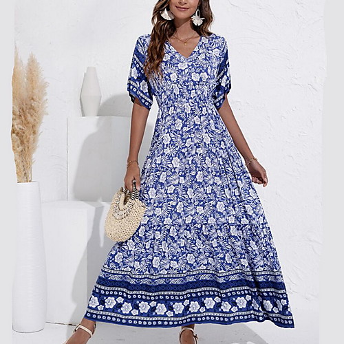 

Women's Swing Dress Maxi long Dress Yellow Royal Blue Light Green Short Sleeve Print Summer V Neck Casual 2021 S M L XL XXL