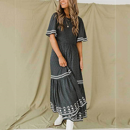

Women's T Shirt Dress Tee Dress Maxi long Dress Dark Blue Short Sleeve Floral Striped Print Summer Round Neck Casual 2021 S M L XL XXL