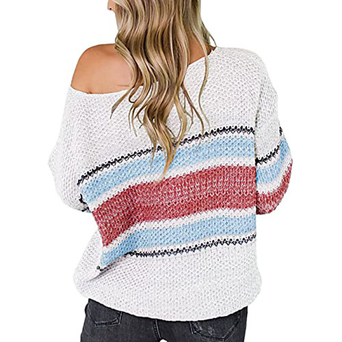 

Women's Casual Stripe Stripes Pullover Sweater Long Sleeve Sweater Cardigans Wide collar Fall Spring Grey White