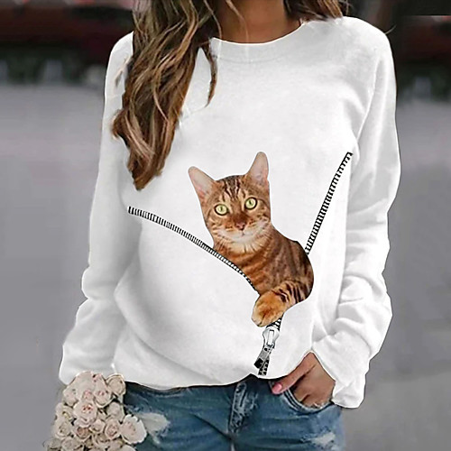 

Women's 3D Cat Painting T shirt Cat 3D Animal Long Sleeve Print Round Neck Basic Tops Gray Green White