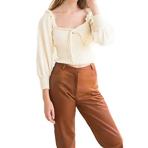 

Women's Solid Color Pullover Cotton Long Sleeve Sweater Cardigans U Neck Apricot