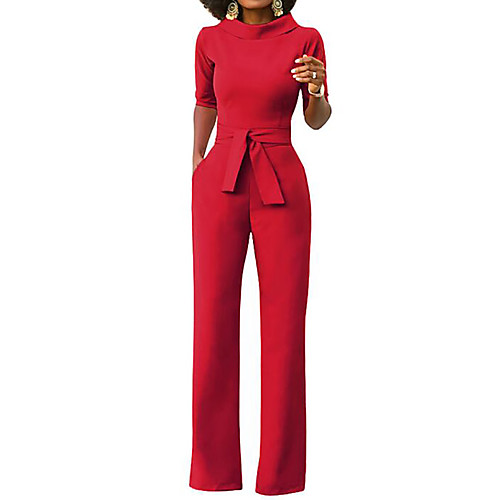 

Jumpsuits Minimalist Elegant Wedding Guest Formal Evening Dress Shirt Collar Half Sleeve Floor Length Spandex with Sash / Ribbon Bow(s) 2021