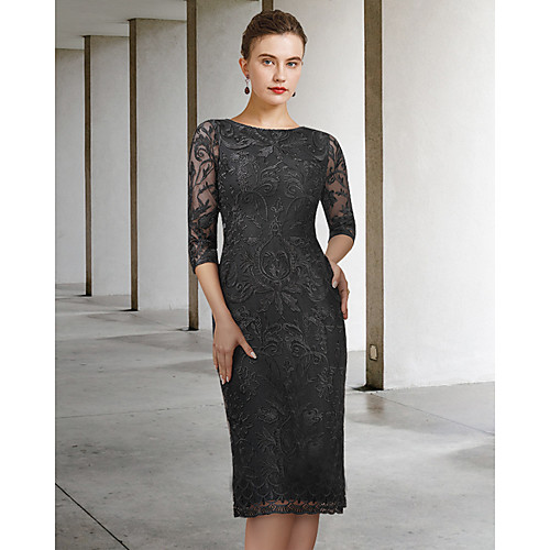 

Sheath / Column Mother of the Bride Dress Elegant Jewel Neck Knee Length Lace Half Sleeve with Appliques 2021