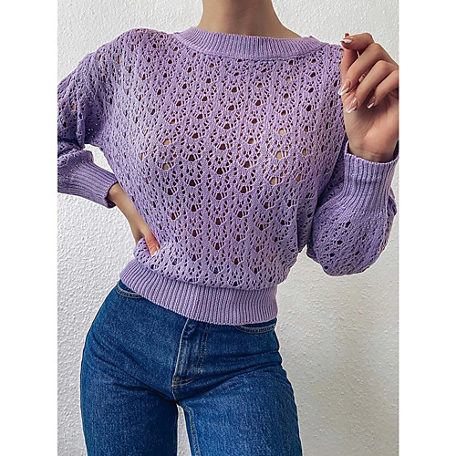 

Women's Casual Pure Color Solid Color Pullover Sweater Long Sleeve Sweater Cardigans Round Neck Fall Spring Purple Blushing Pink Gray