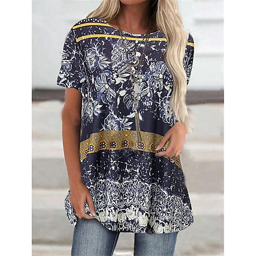 

Women's T Shirt Dress Tee Dress Short Mini Dress Navy Blue Half Sleeve Floral Print Fall Summer Round Neck Casual 2021 S M L XL XXL 3XL