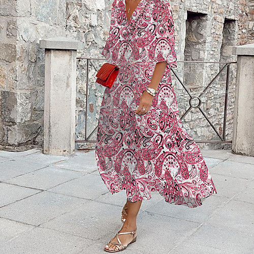 

Women's Swing Dress Maxi long Dress Blushing Pink Long Sleeve Floral Abstract Print Fall V Neck Casual 2021 S M L XL XXL 3XL
