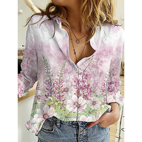 

Women's Floral Theme 3D Printed Blouse Shirt 3D Flower Long Sleeve Button Print Shirt Collar Basic Tops Blushing Pink