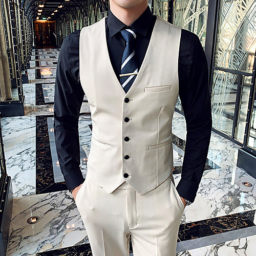 

Men's Vest Slim Polyester Men's Suit Beige - V Neck